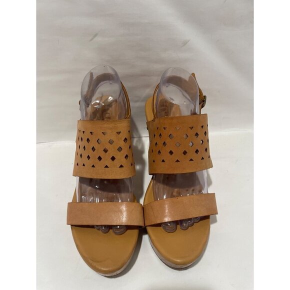 Korks By Korks Easy Womens Tan Laser Cut Leather Wood Platform Sandals size 10 - Picture 3 of 10